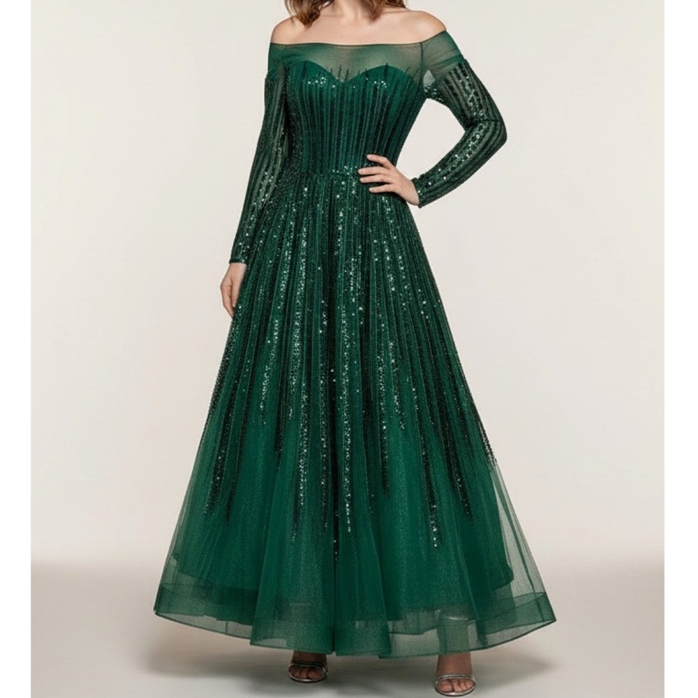 FOUAD SARKIS COUTURE Allure Off-Shoulder Sequin Gown, Emerald Green, FR40/US8